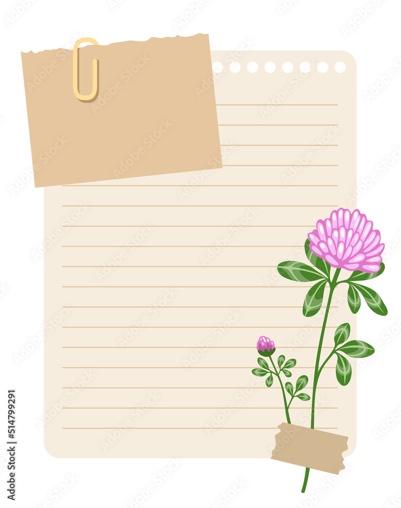 Vintage wish list template decorated with red clover flower. Printable to do list, business organizer page, paper sheet. Journal and planner design vector illustration.