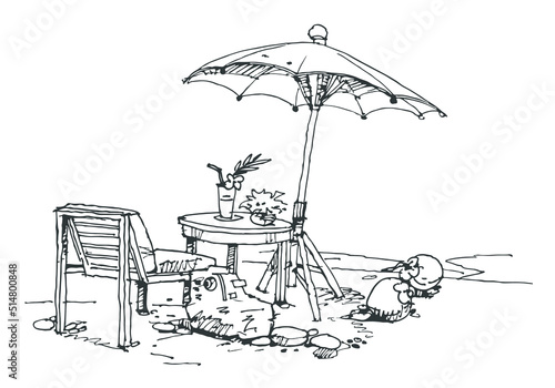 hand drawn illustration of beach chair and umbrella vector for card illustration decoration background