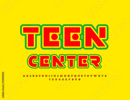 Vector colorful emblem Teen Center. Trendy set of Alphabet Letters and Numbers. Bright creative Font. 