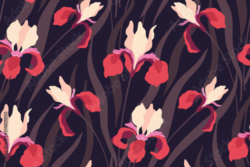 Seamless pattern with iris flowers on a dark field. Elegant floral print, drawing botanical background with wild meadow, large red flowers, leaves. Vector illustration.