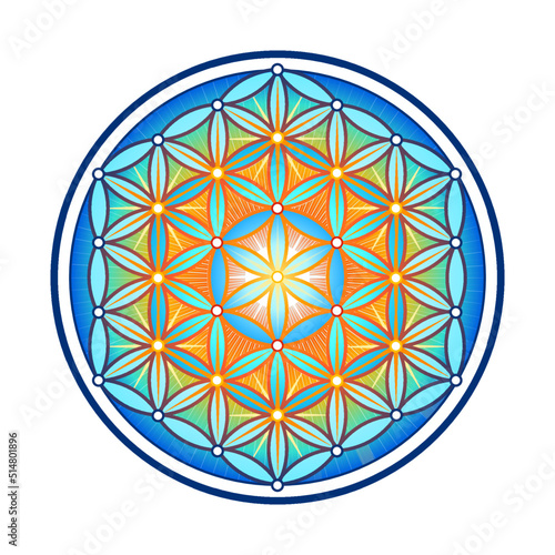 Blue Symbol Flower of life. The flower of life is a symbol of sacred geometry and the universal forgotten language of the universe. It reveals the knowledge contained in the deep memory of living and 