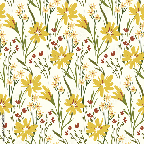Seamless floral pattern, natural ditsy print with wild plants on a light field. Elegant botanical background with painted flowers, leaves and herbs, gentle meadow. Vector illustration.