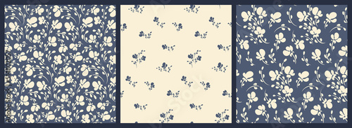 Seamless floral pattern, liberty ditsy print in white, blue color set. Botanical background design with small painted flowers, leaves in folk style. Vector illustration.