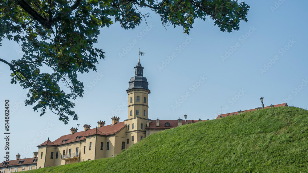 Public place of Nesvizh Castle, Belarus. Medieval castle and palace. Restored medieval fortress. Heritage concepts.