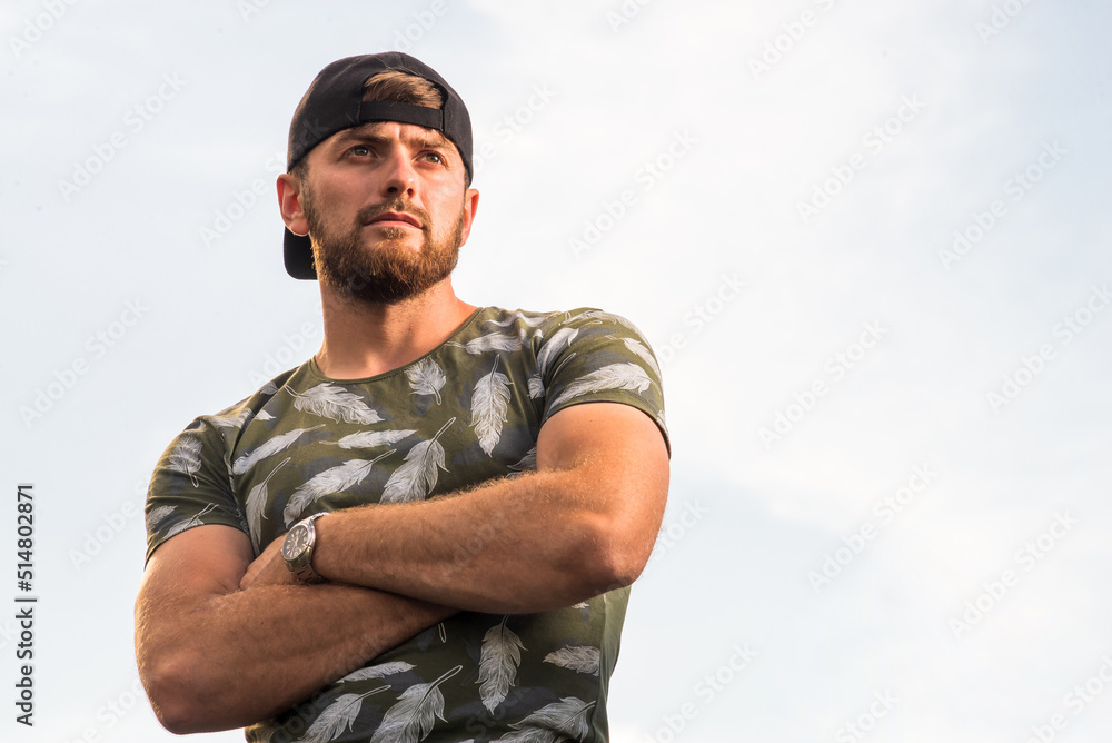Handsome Young caucasian men, man with stubble beard, Portrait of smiling, shirt in the countryside, on gray background, nature, sexy men bodybuilder, summer day, Blond ginger