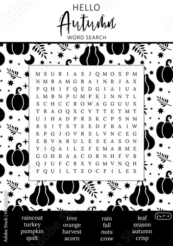 Hello Autumn word search puzzle for children or adults. Crossword activity printable game for learning English words. Suitable for social media post. Educational worksheet. Learning seasons.