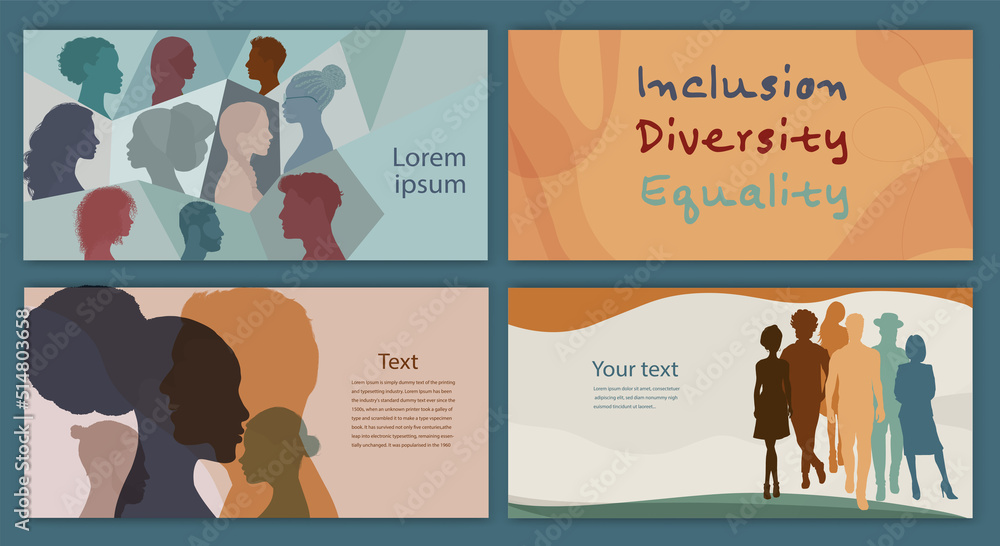 Diversity inclusion and equality concept. Silhouette people of diverse cultures.Group of multicultural and multiethnic men and women.Editable banner template flyer leaflet cover poster