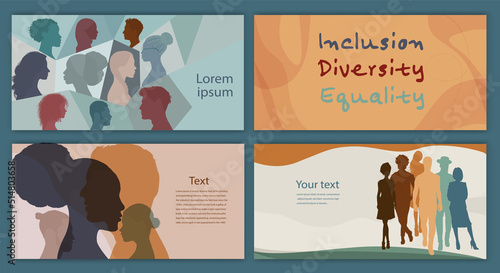 Diversity inclusion and equality concept. Silhouette people of diverse cultures.Group of multicultural and multiethnic men and women.Editable banner template flyer leaflet cover poster