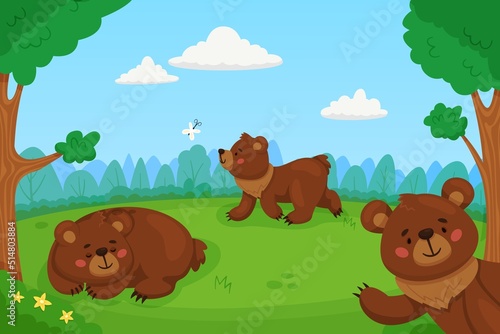 Cartoon brown bears in forest. Funny mammals in woodland clearing  wilde nature characters  big cave grizzly  wild animals walking  kids background  recent vector isolated concept