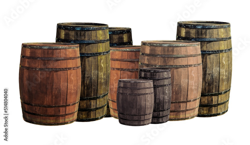 set of wooden beer barrels, stand upright on white isolated background
