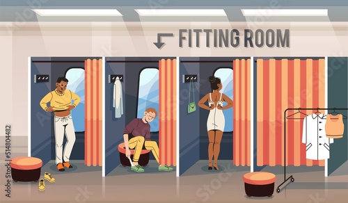 Fitting room people. Men and woman in clothing store dressing, curtains closed booths with mirrors, fashionistas on shopping, modern suits, sale in boutique, tidy vector concept