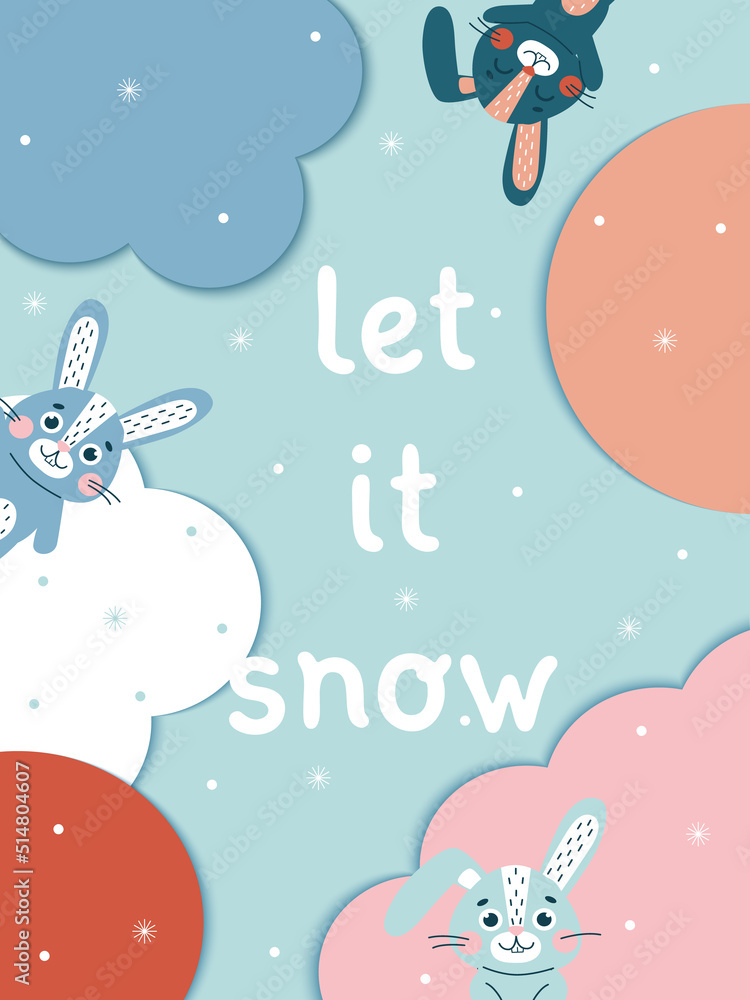 Merry Christmas and Happy New Year card with cute rabbits Hare symbol of 2023 year. New year mascot. Cute vetor flat animal character Merry Christmas and Happy New Year card with cute rabbits Hare symbol of 2023 year. New year mascot. Cute vetor flat animal character