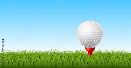 Golf ball grass. Realistic isolated ball on tee stand, panoramic green sport club field. Game starting position, sport background, horizontal banner with copy space, utter vector concept