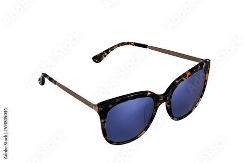 Closeup view of stylish dark blue sunglasses isolated on white background with clipping path.