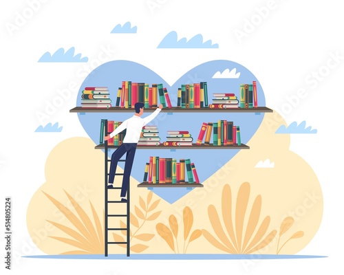 Love of reading. Leisure time activity, people hobbies, personal development, man on ladder puts book on shelf in library, knowledge and education vector cartoon flat literature concept