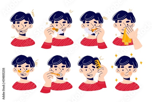 Man skin care. Funny guy shave process, fresh clean face, brushing teeth, comb his hair, beauty and health daily hygiene, aftershave lotion and patches, swanky vector cartoon flat set