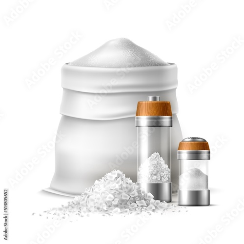 Realistic salt composition. Food products, salty cooking ingredient, white powder and crystals in bag and heaps, saltshakers and bunch, granular 3d isolated elements, utter vector concept