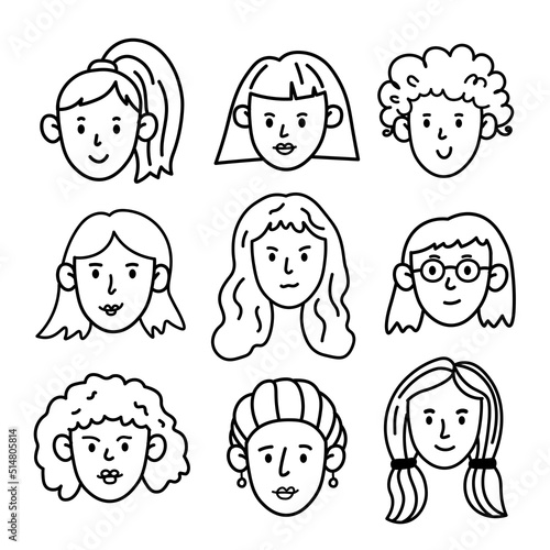 Vector doodle set of different women and girls faces. Linear icons of a women with different hairstyles