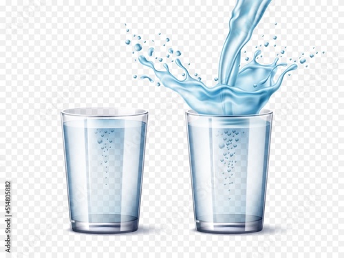 Realistic water glass. 3d transparent standard glasses. Cup with pure soda, pouring jet and splashes, flying drops and jets, air bubbles, blue liquid in dynamic motion, utter vector concept