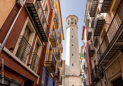 Stylized tower of the San Mauro and San Francisco church in Alcoy (Alicante, Spain).