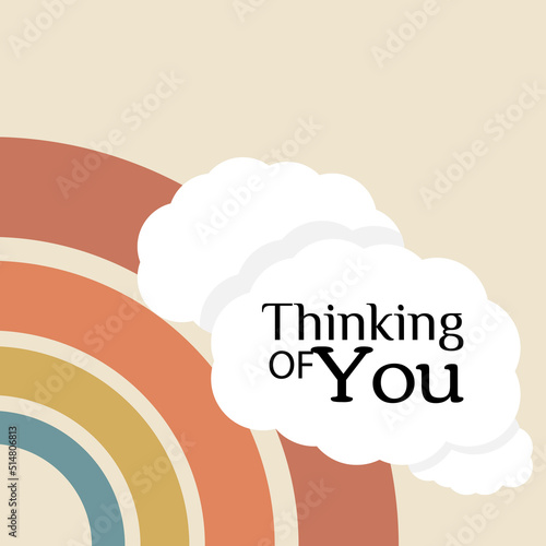 Vector lettering illustration. 70s retro style. Send me thinking of you slogan for graphic tee shirt. Icon of rainbow with daisy. Print to poster, sticker, banner, flyer, badge, advertising