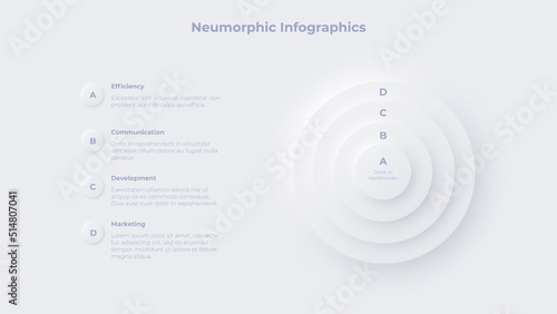 Four circle elements with letters. Concept of layers business model. Creative infographic presentation. Neumorphic illustration with 4 steps.