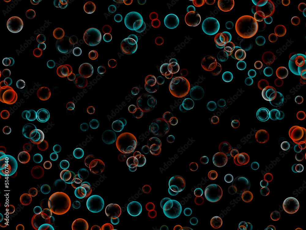 Fondo con esferas dispersas de pompas o burbujas de cristal con colores de neón