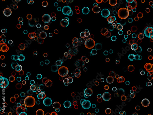 Fondo con esferas dispersas de pompas o burbujas de cristal con colores de neón