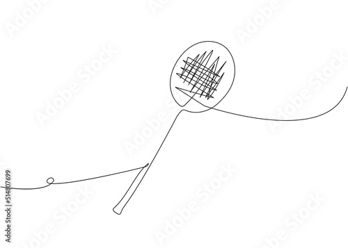 Badminton racket one line art. Continuous line drawing of badminton, string, sport, fitness, feather, sports, activity, club, racquet, game, training, tennis, leisure, professional, play.