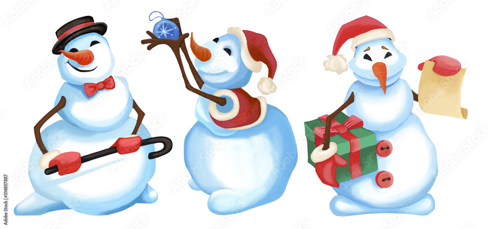 A set of snowmen in different poses. Snowmen with a cane, with a New Year's ball and a Christmas present. Watercolor character in cartoon style, for Christmas cards and invitations.