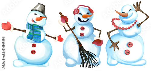 Set of snowmen in different poses. Snowmen dancing  with a broom and a bucket on their heads. Watercolor character in cartoon style  for Christmas cards and invitations.
