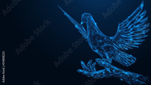 Man lets a bird loose. The pigeon takes off from the hand. Day of Peace. Low-poly design of interconnected lines and dots. Free space for information. Blue background.