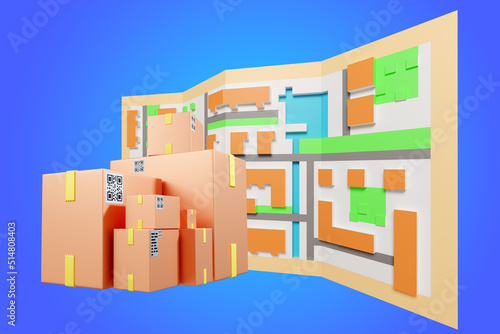 Address delivery of goods. Courier boxes with city map. Delivery of parcels to door. Delivery service concept. Boxes with QR code on blue. Cardboxes for courier service. 3d image.