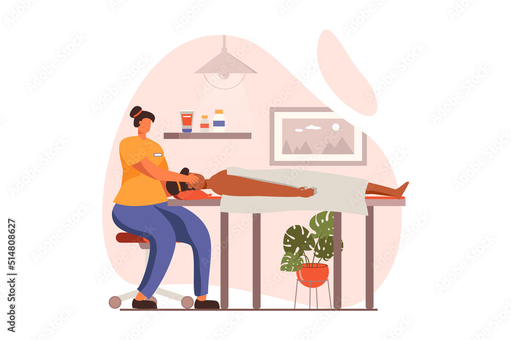 Spa salon web concept in flat design. Professional masseuse makes facial massage for female client. Woman lying on couch and getting beauty skin care procedure. Illustration with people scene Spa salon web concept in flat design. Professional masseuse makes facial massage for female client. Woman lying on couch and getting beauty skin care procedure. Illustration with people scene