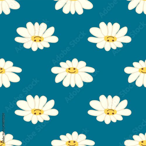 Groovy daisy retro seamless pattern. Positive colorful iilustration. 70s vibe hippie ornament.