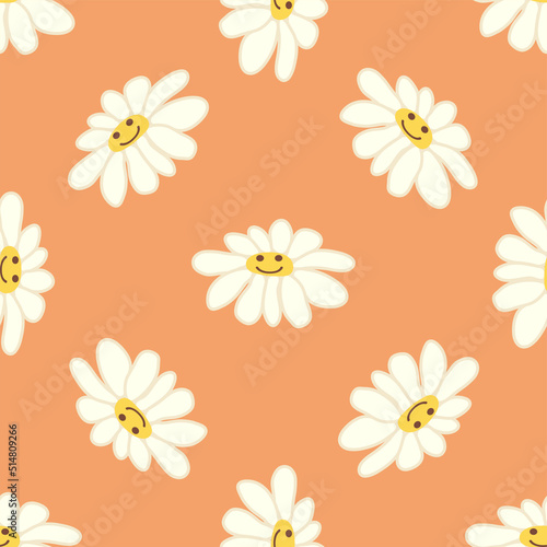 Groovy daisy retro seamless pattern. Positive colorful iilustration. 70s vibe hippie ornament.