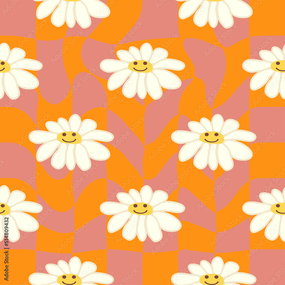 Retro Smile Chamomile Seamless Pattern on 1970 Wavy Swirl Seamless Pattern. Hippie Aesthetic. Retro Smile Chamomile Seamless Pattern on 1970 Wavy Swirl Seamless Pattern. Hippie Aesthetic.
