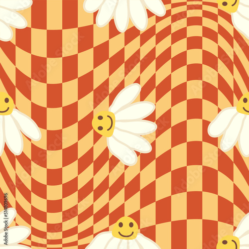 Retro Smile Chamomile Seamless Pattern on 1970 Wavy Swirl Seamless Pattern. Hippie Aesthetic.