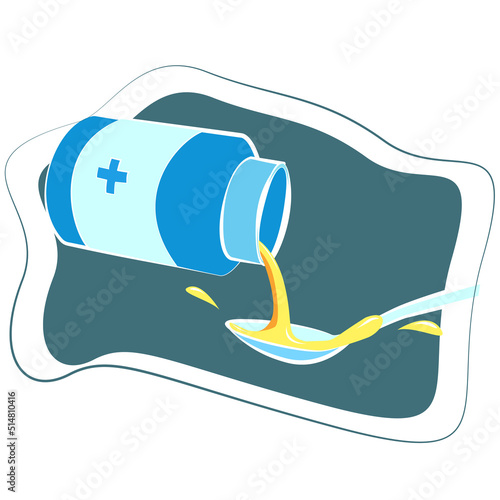 medicine is poured into a spoon, treatment, dosage, cough syrup, color illustration, drops, minimalism