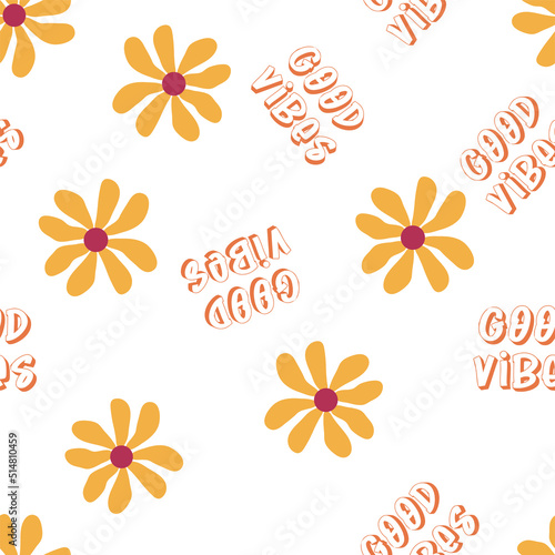 Love heart, daisies, waves of positivity retro 70s seamless pattern. Yellow, orange, red scattered heart shapes on a swirling background