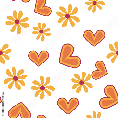 Love heart, daisies, waves of positivity retro 70s seamless pattern. Yellow, orange, red scattered heart shapes on a swirling background