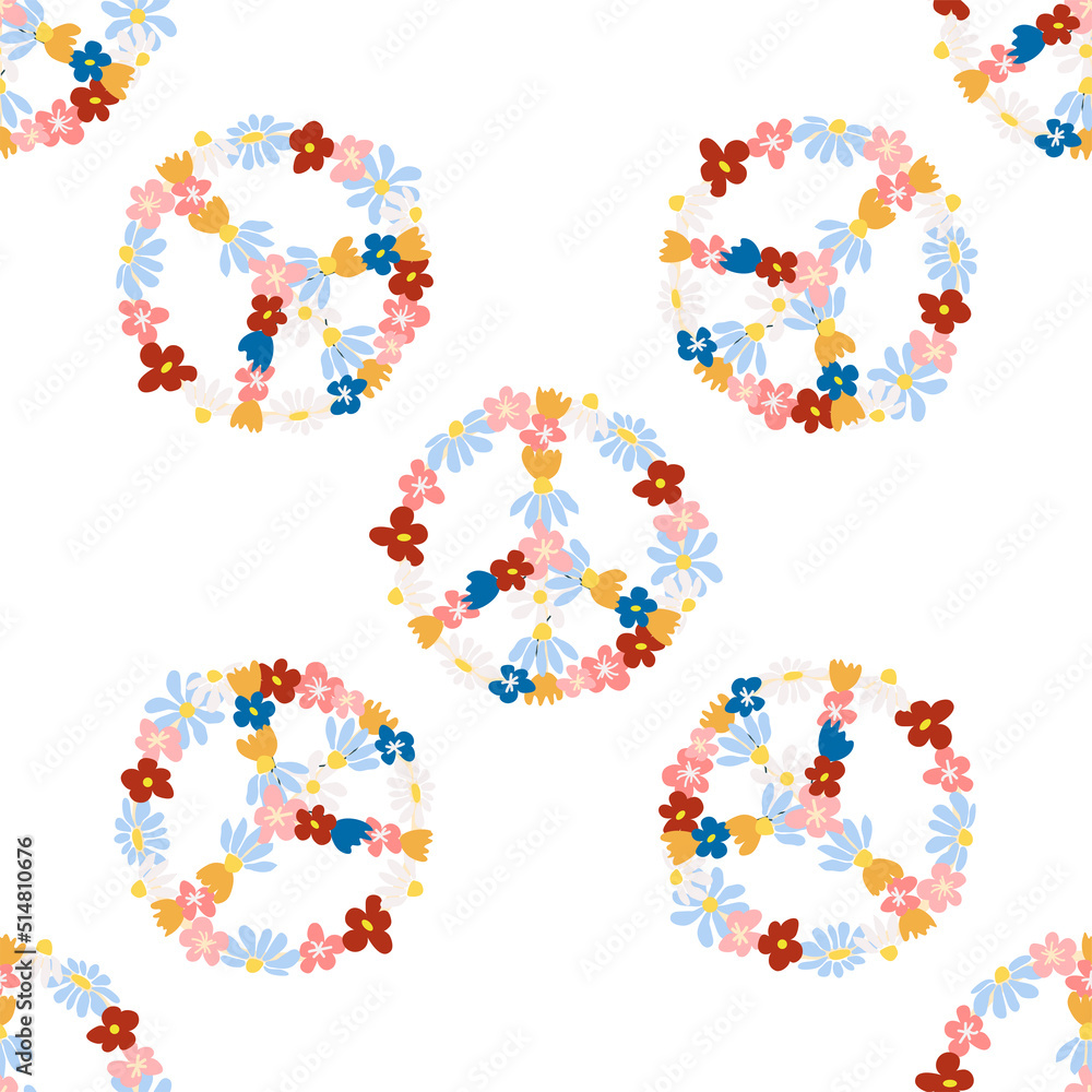Peace symbol floral retro 70s seamless pattern. Clockwork design in the style of the seventies. Peace symbol floral retro 70s seamless pattern. Clockwork design in the style of the seventies.