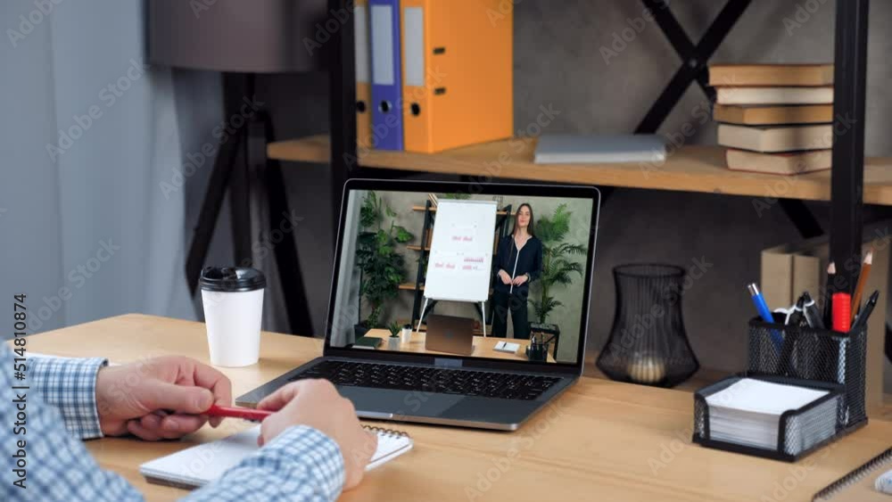 Distance business meeting. Businessman in office talk top manager company online video call webcam laptop. Smiling woman standing near flip chart whiteboard in computer screen listen director company Distance business meeting. Businessman in office talk top manager company online video call webcam laptop. Smiling woman standing near flip chart whiteboard in computer screen listen director company