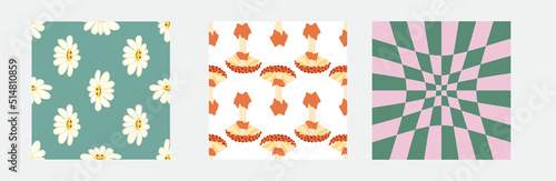Set of retro 70s seamless pattern. Floral, swirl, mushrooms, peace symbol, camomile, smile. Clockwork design in the style of the seventies.