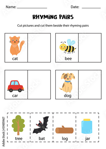 Quadro em tela Find rhyming pairs. Educational worksheet. Cut and paste.
