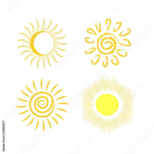 set of suns vector on white background, minimalistic stylized sketch of yellow sun, simple sketch of different suns hand drawn