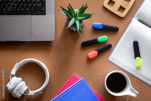 Slika na platnu Multicolored stationery at the workplace of a schoolboy flat lay.