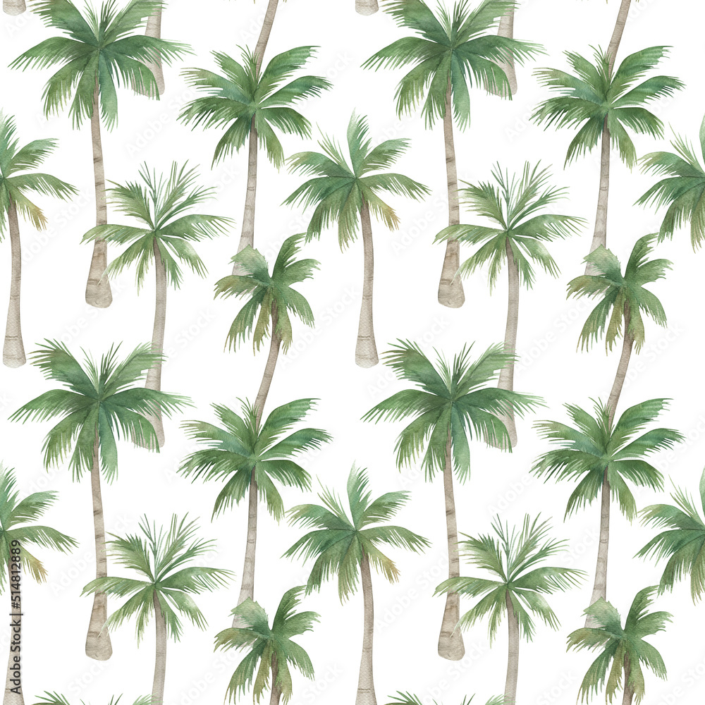 Watercolor  seamless pattern. Tropical paradise, palm tree. Hand drawn illustration