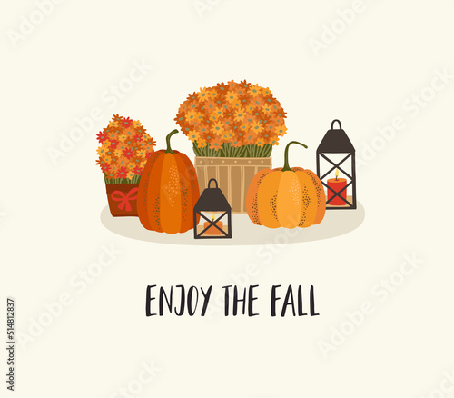 Autumn illustration. Pumpkins and flowers. Vector design for card, poster, flyer, web and other