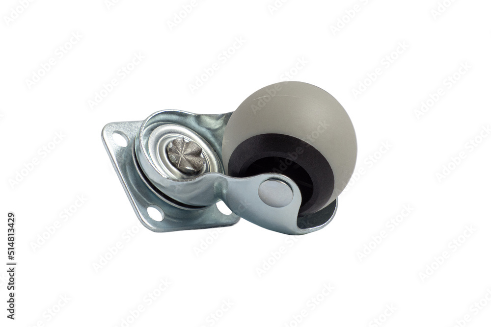 Wheel for furniture on a white background, isolated. Stand with replaceable rollers with rubber tires. A fastening device for furniture. Equipment and production Wheel for furniture on a white background, isolated. Stand with replaceable rollers with rubber tires. A fastening device for furniture. Equipment and production